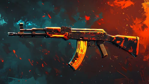 Digitally rendered assault rifle on abstract split background.