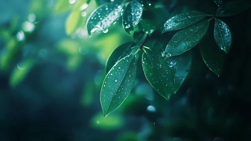 Raindrops rest on emerald leaves in tranquil forest light