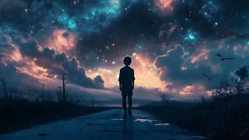 Stargazing child wandering under a glowing dreamlike sky.