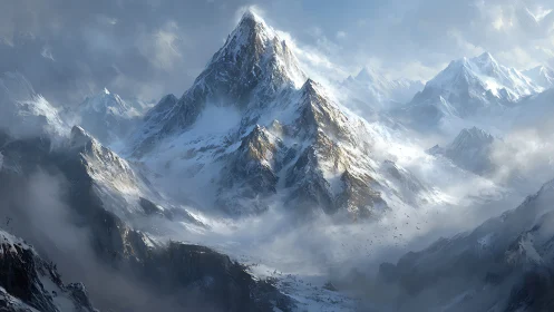 Towering snowy peak rises above misty alpine valley