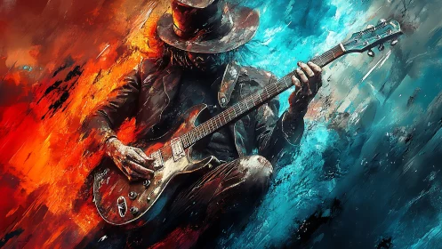 Guitarist sits centered between red and blue abstract fields.