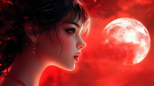 Digital moonlit portrait under vivid crimson sky.