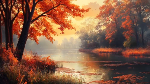 Autumn shoreline with trees reflected on calm lake surface.