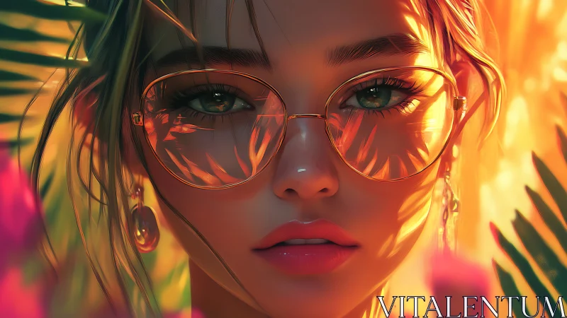 Digital portrait of woman with glasses in warm foliage light.