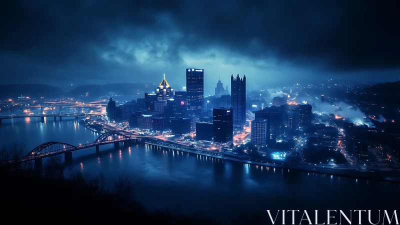 Moody riverfront skyline under stormy blue night sky.