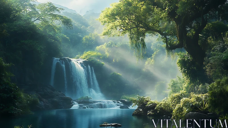 Waterfall cascading through layered forest canopy with mist dispersion.