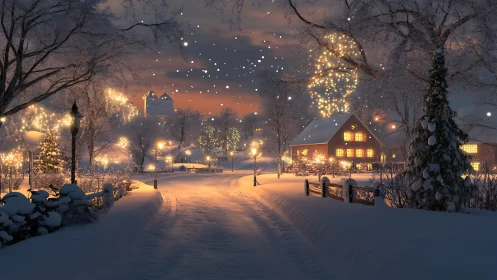 Snowlit village lane aglow with winter lights and quiet wonder.