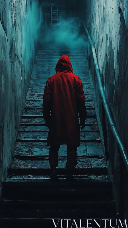 Hooded figure ascends fogged concrete stairwell in teal glow.