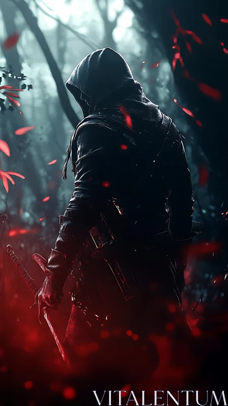 Hooded swordsman stands in a foggy forest with red particles