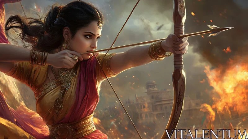 Warrior woman archer aiming in fiery battlefield scene.
