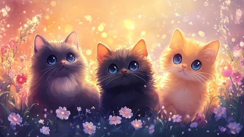 Three Cats in Flower Field with Luminous Atmospheric Effects