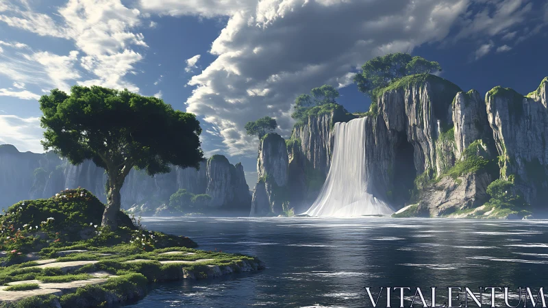 Dramatic Waterfall Canyon with Towering Cliffs and Lush Vegetation.