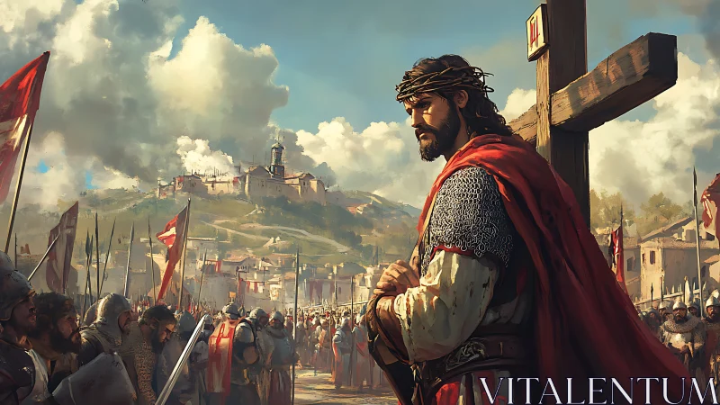 Crowned martyr stands calm as crusader host floods the valley