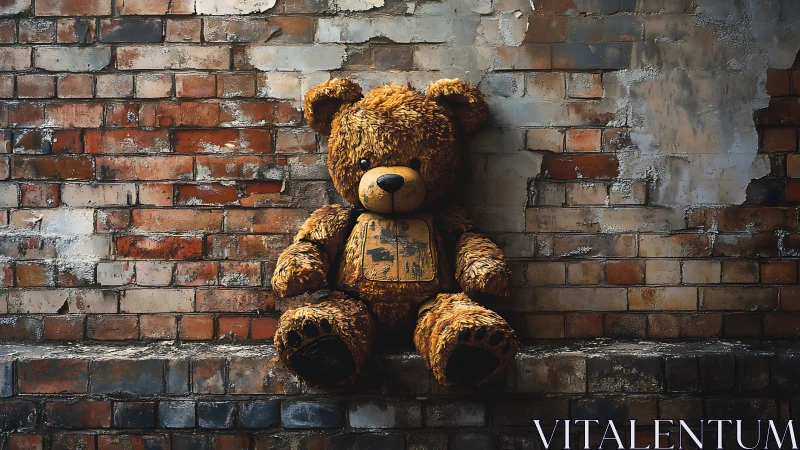 Worn plush bear leans against weathered brick wall in chiaroscuro