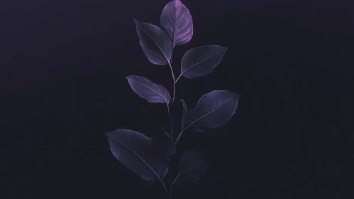Minimalist branch with purple leaves on dark background, digital art.