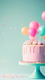 Layered Birthday Cake with Pastel Balloons and Gradient Backdrop.