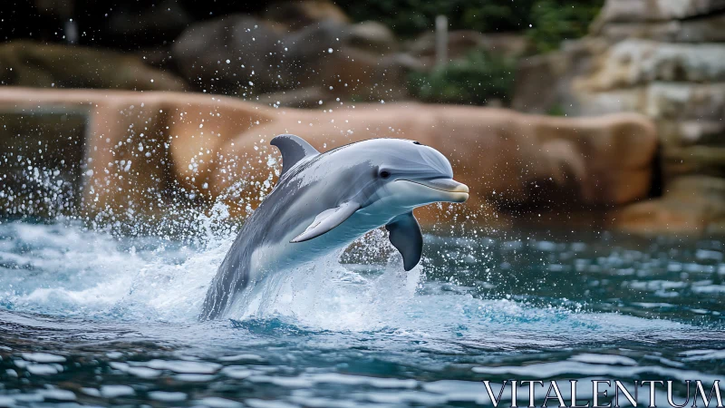 Joyful dolphin leaping through sparkling blue ocean spray.
