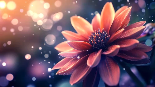Backlit flower bloom with water droplets and bokeh light effects.