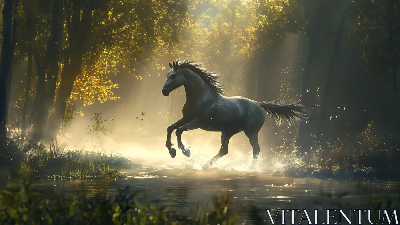 Morning mist crowns a silver horse sprinting through light