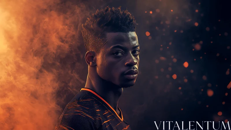 Ember-lit athlete gazes through swirling cinematic smoke.