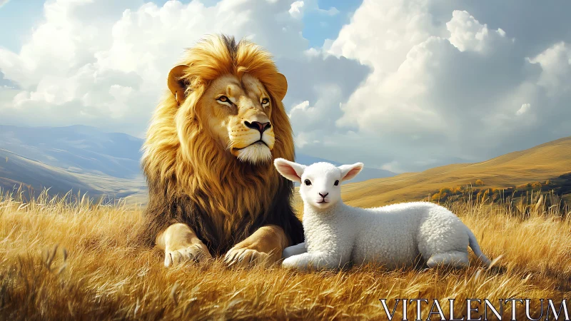 Lion and lamb rest on dry grassland under cloudy sky