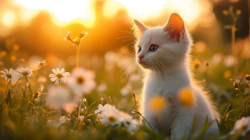 White Kitten in Sunlit Flower Field at Golden Hour