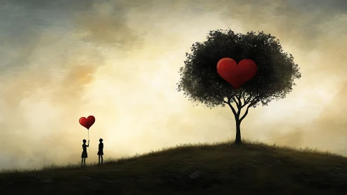 Silhouetted Figures with Heart Symbols Beneath Tree