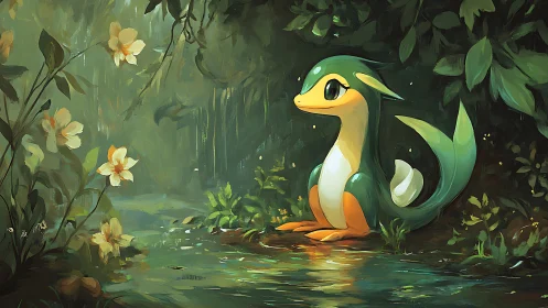 Small green creature sits by reflective forest stream