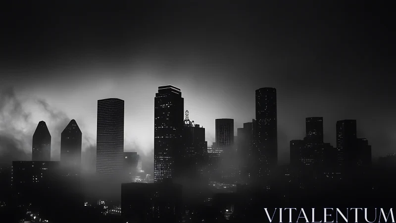 Urban high rise skyline is partially obscured by dense fog