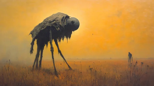 Shrouded towering creature crossing an empty yellow plain.