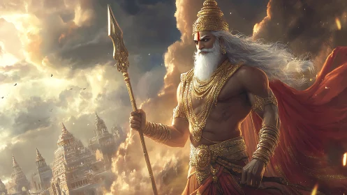 Regal warrior god strides through glowing celestial clouds.