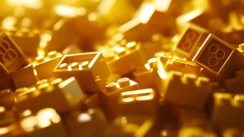 Golden plastic interlocking bricks are shown in shallow focus