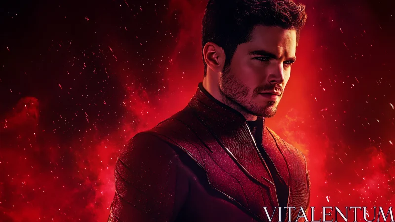 Armored male portrait in vivid red cosmic light.