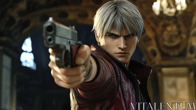 Silver‑haired gunfighter freezes time with a fierce stare