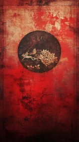 Textured crimson panel with circular floral medallion motif.