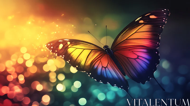 Vibrant digital butterfly over glowing bokeh lights.