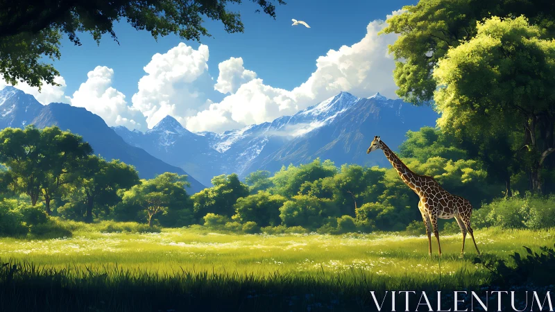 Digital painting of giraffe in luminous alpine savanna landscape.