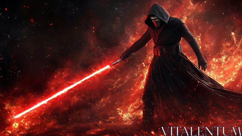 Digital painting of masked warrior amid incandescent inferno field.