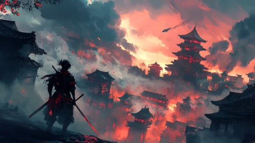 Concept art samurai silhouette before burning feudal city.