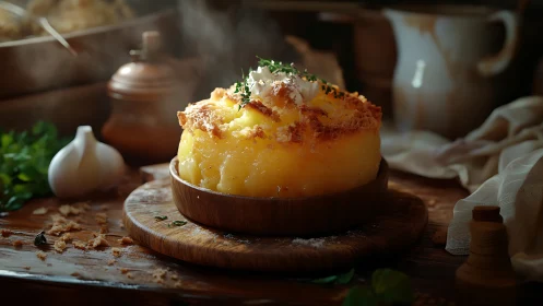 Rustic mashed potato gratin in warm moody kitchen light.