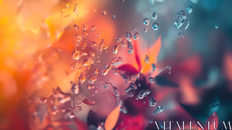 Raindrops shimmer over vibrant bokeh in fiery cool light.