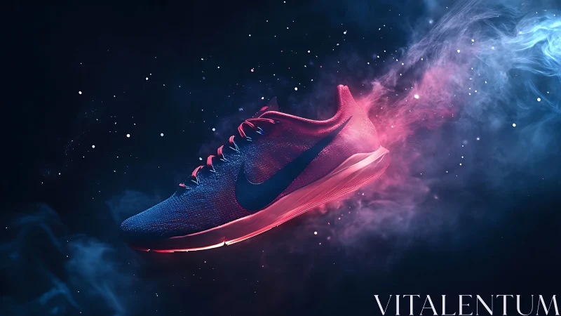 Floating athletic shoe with neon lighting and vapor trail.