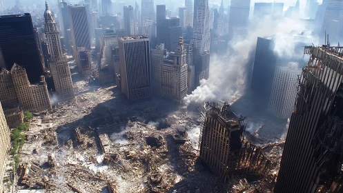 Urban highrise district in extensive structural collapse scene.