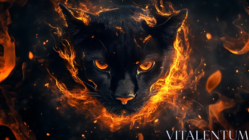 Black cat face surrounded by vivid orange flames.