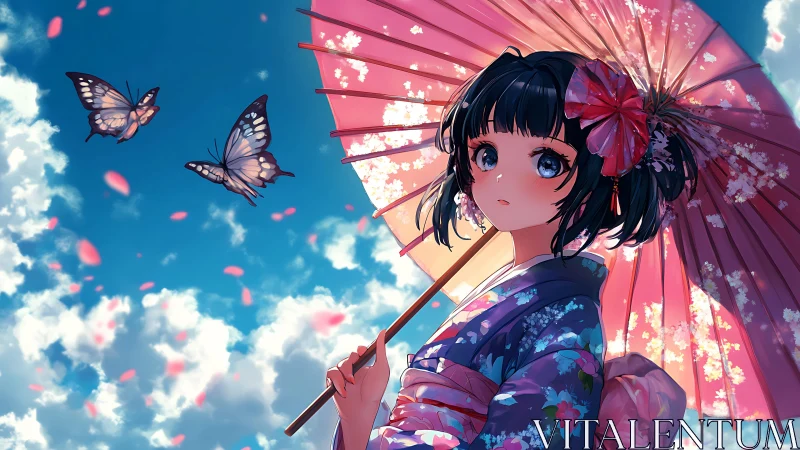Kimono girl under sakura parasol beneath drifting petals.