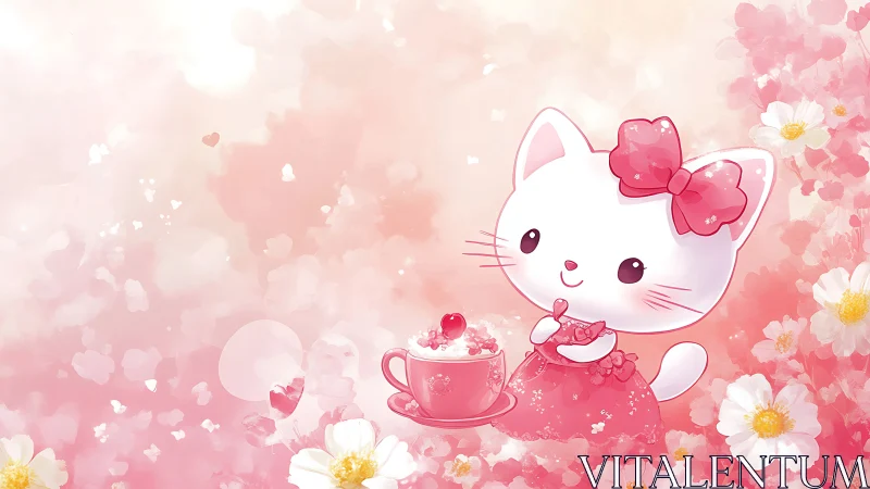 Cute white kitten enjoys pink dessert in dreamy florals.