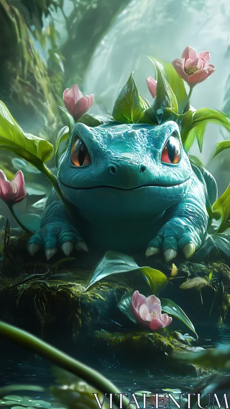 Bulbasaur-like creature rests on mossy jungle ledge