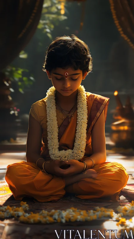 Child in traditional attire meditating in soft temple light.