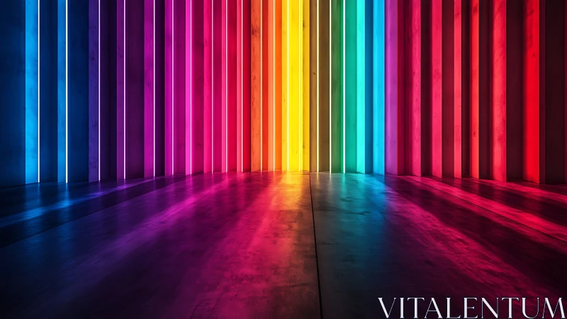 Neon rainbow corridor casts saturated light across floor