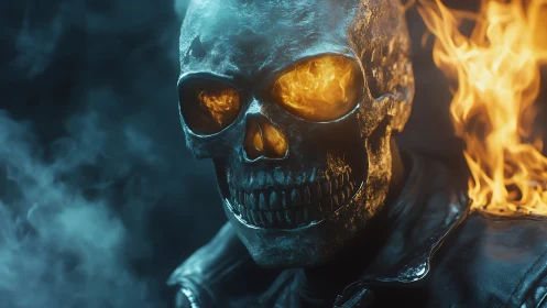 Flaming metallic skull portrait renders cinematic infernal glare